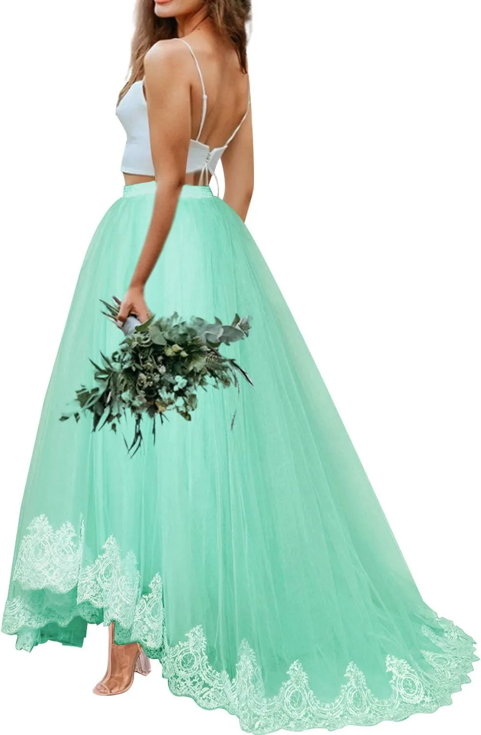 Women Wedding Long Maxi Lace Trim Puffy Tulle Skirt Floor Length with Long Train A Line High Waisted Overskirt for Prom Party