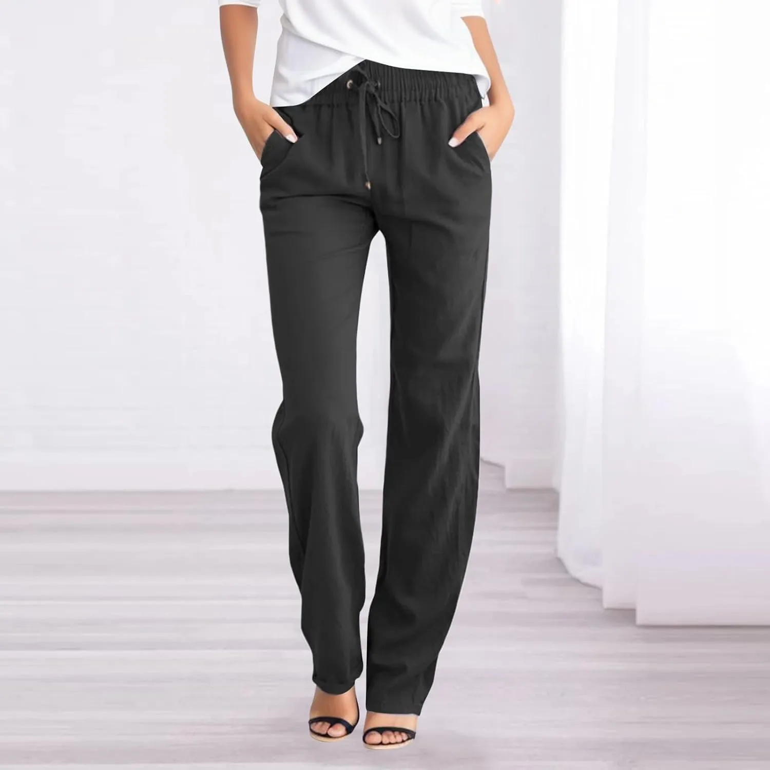 Women Wide Leg Linen Pants 2025 Summer High Waisted Palazzo Pants Office Loose Flowy Trouser with Pockets