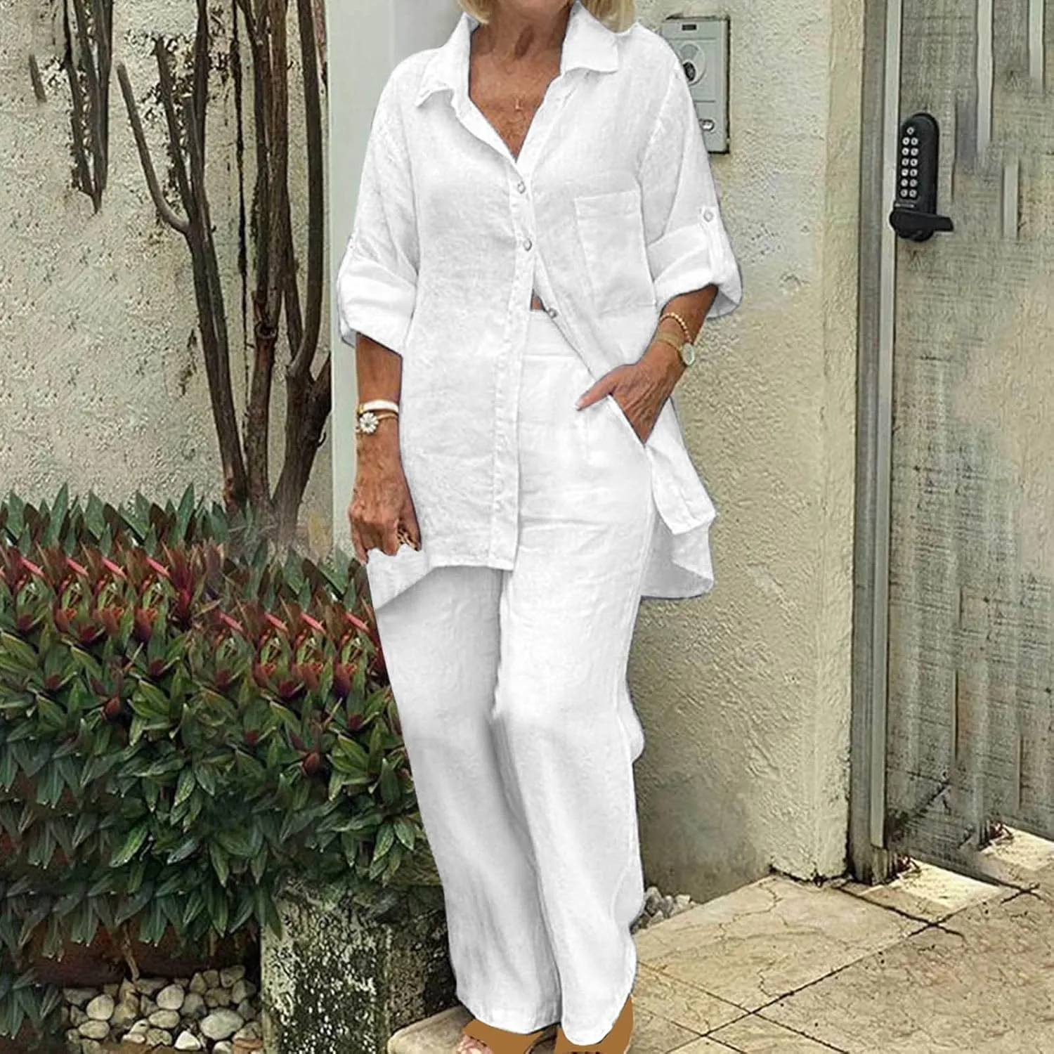 Womens 2 Piece Cotton Linen Beach Outfits Plus Size Button Down Blouses and Long Pants Suits Dressy Business Work Set