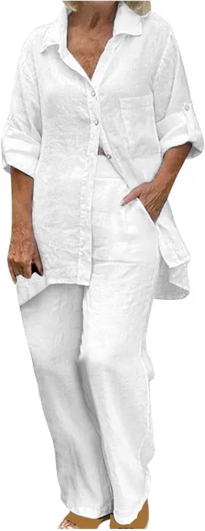 Womens 2 Piece Cotton Linen Beach Outfits Plus Size Button Down Blouses and Long Pants Suits Dressy Business Work Set