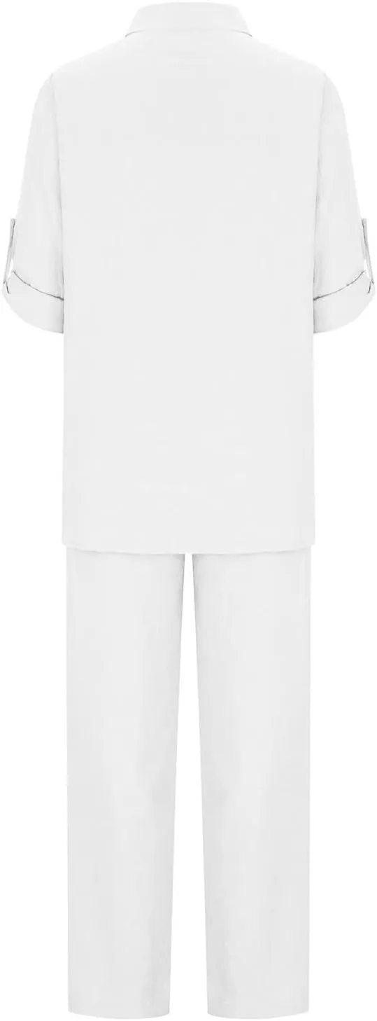 Womens 2 Piece Cotton Linen Beach Outfits Plus Size Button Down Blouses and Long Pants Suits Dressy Business Work Set