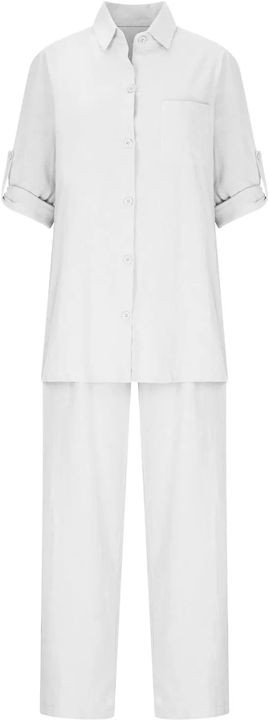 Womens 2 Piece Cotton Linen Beach Outfits Plus Size Button Down Blouses and Long Pants Suits Dressy Business Work Set