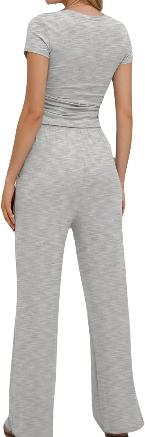 Women's 2 Piece Lounge Sets Ruched Short Sleeve Crop Top High Waisted Wide Pants Tracksuit Sets Airport Loungewear XS-2XL