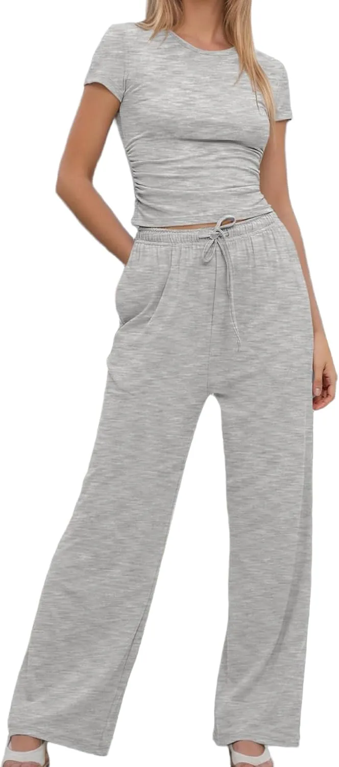 Women's 2 Piece Lounge Sets Ruched Short Sleeve Crop Top High Waisted Wide Pants Tracksuit Sets Airport Loungewear XS-2XL