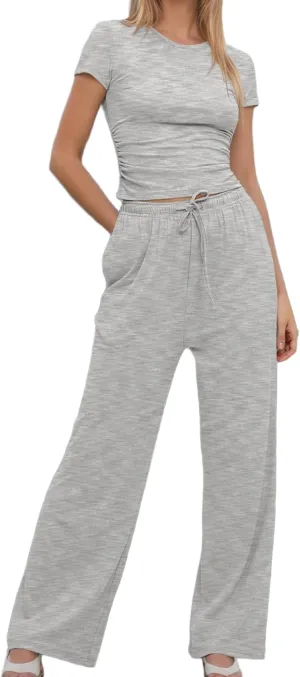 Women's 2 Piece Lounge Sets Ruched Short Sleeve Crop Top High Waisted Wide Pants Tracksuit Sets Airport Loungewear XS-2XL