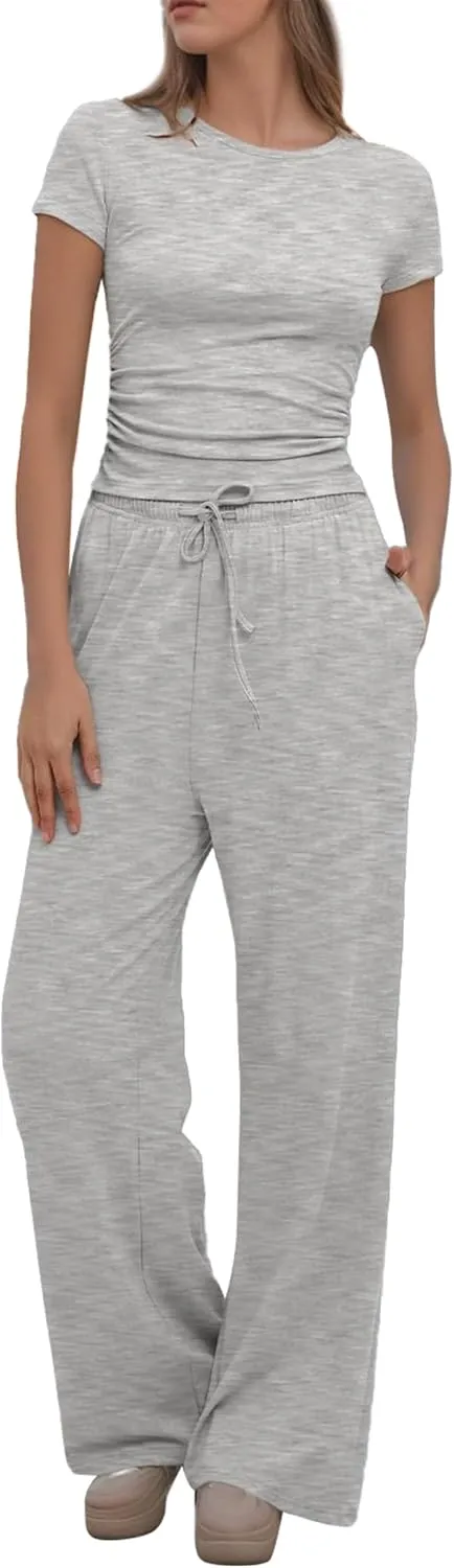 Women's 2 Piece Lounge Sets Ruched Short Sleeve Crop Top High Waisted Wide Pants Tracksuit Sets Airport Loungewear XS-2XL