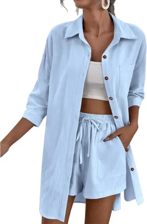 Women's 2 Piece Outfits Button Down 3/4 Sleeve High Low Shirt and Drawstring Casual Shorts Set Summer Lounge Sets