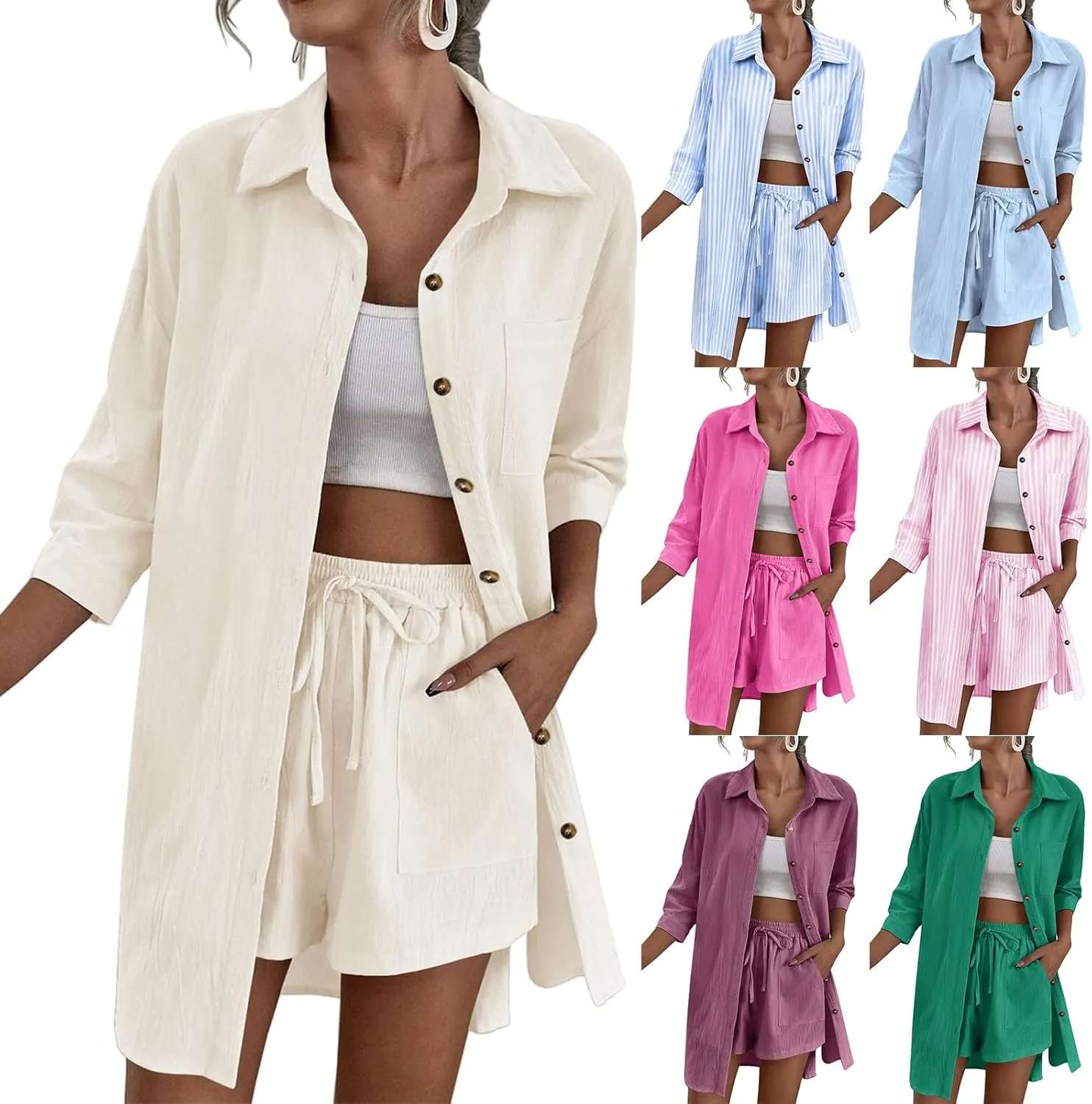 Women's 2 Piece Outfits Button Down 3/4 Sleeve High Low Shirt and Drawstring Casual Shorts Set Summer Lounge Sets