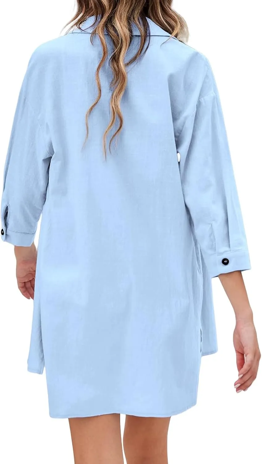 Women's 2 Piece Outfits Button Down 3/4 Sleeve High Low Shirt and Drawstring Casual Shorts Set Summer Lounge Sets