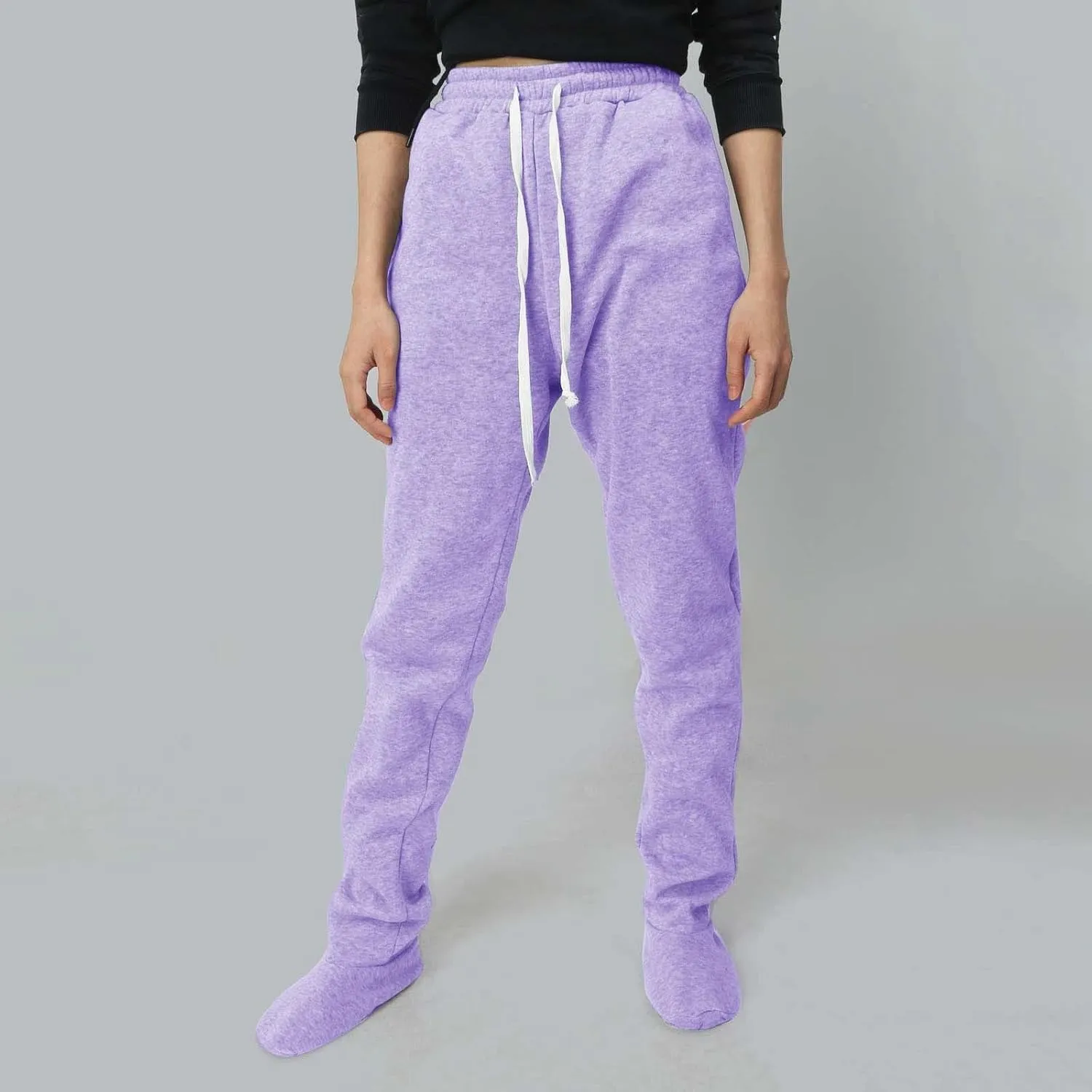Womens Baggy Sweatpants with Feet Sherpa Fleece Lined Pajama Pants Drawstring Athletic Jogger Pants Cozy Warm Loungewear