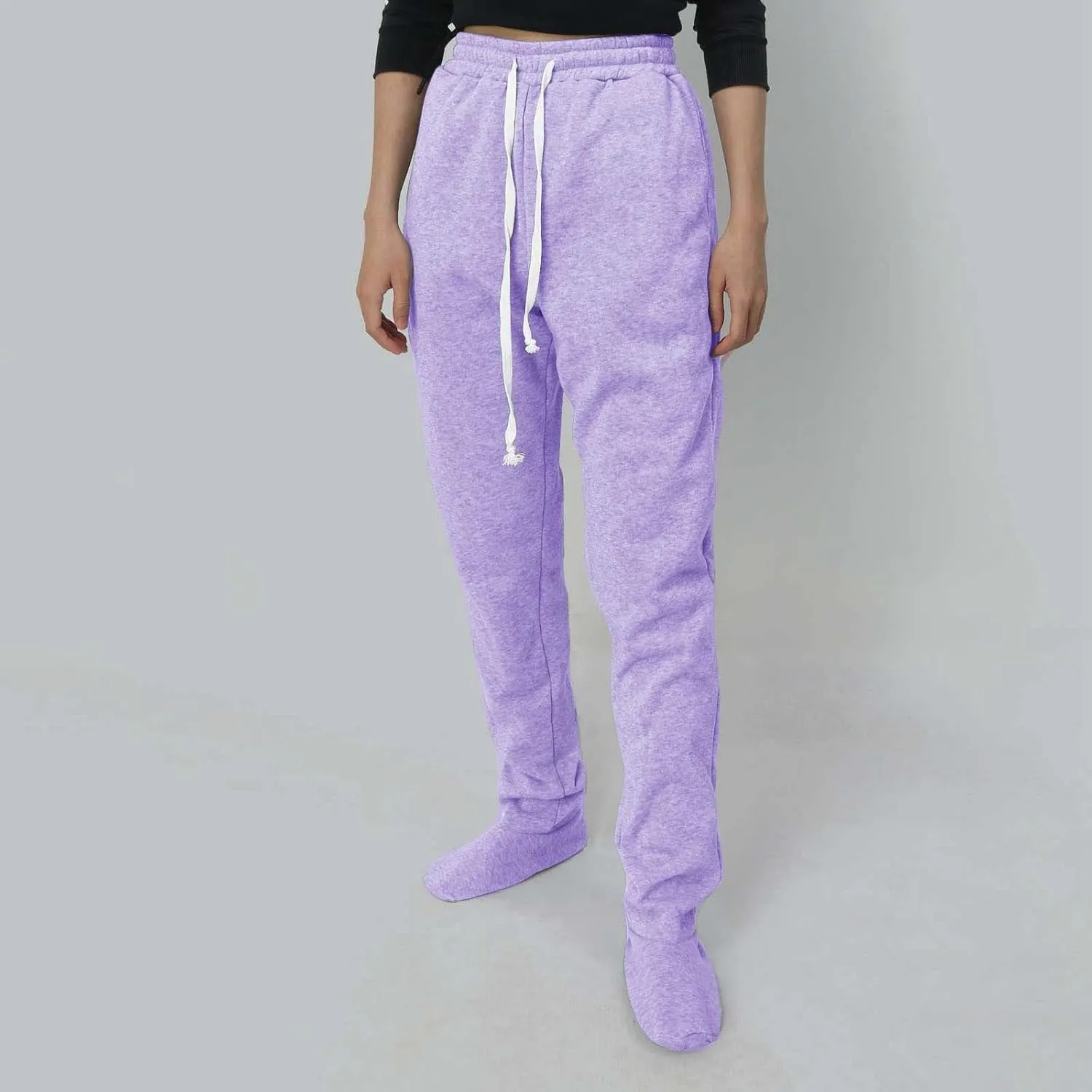 Womens Baggy Sweatpants with Feet Sherpa Fleece Lined Pajama Pants Drawstring Athletic Jogger Pants Cozy Warm Loungewear