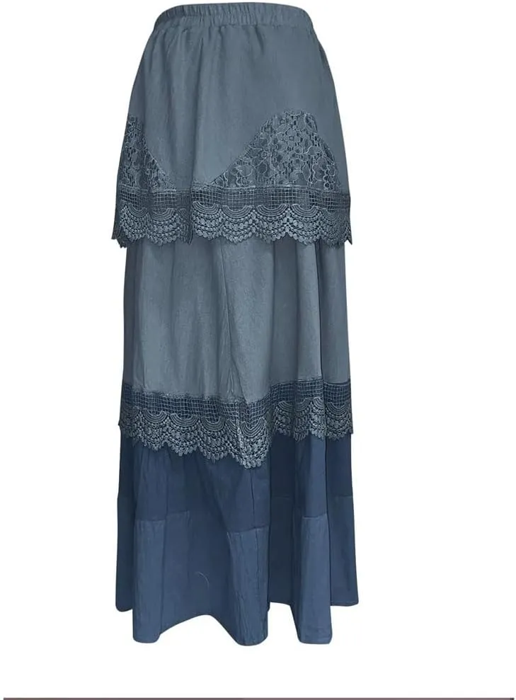 Women's Boho Tiered Maxi Dress Summer Lace Trim Long Dress,Casual Loose Fit