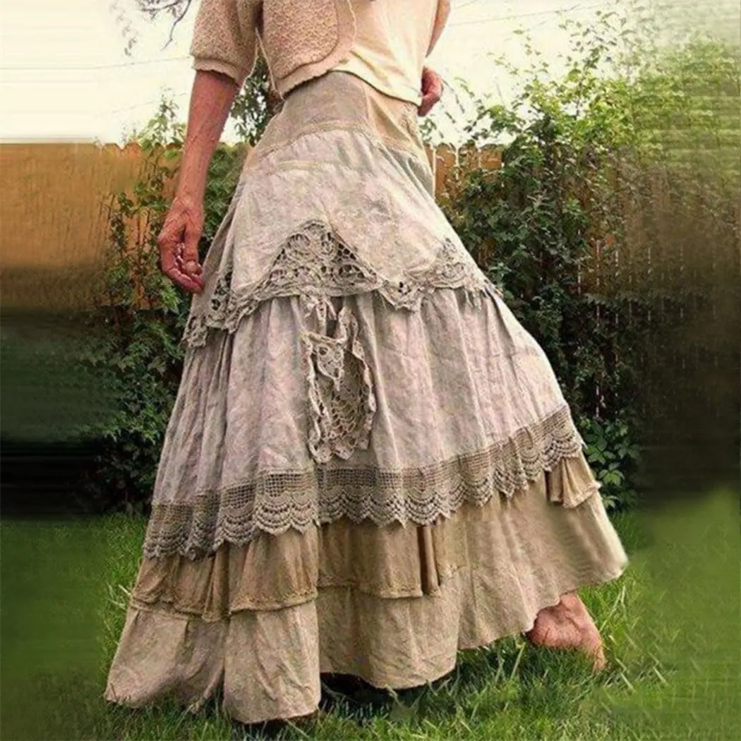 Women's Boho Tiered Maxi Dress Summer Lace Trim Long Dress,Casual Loose Fit