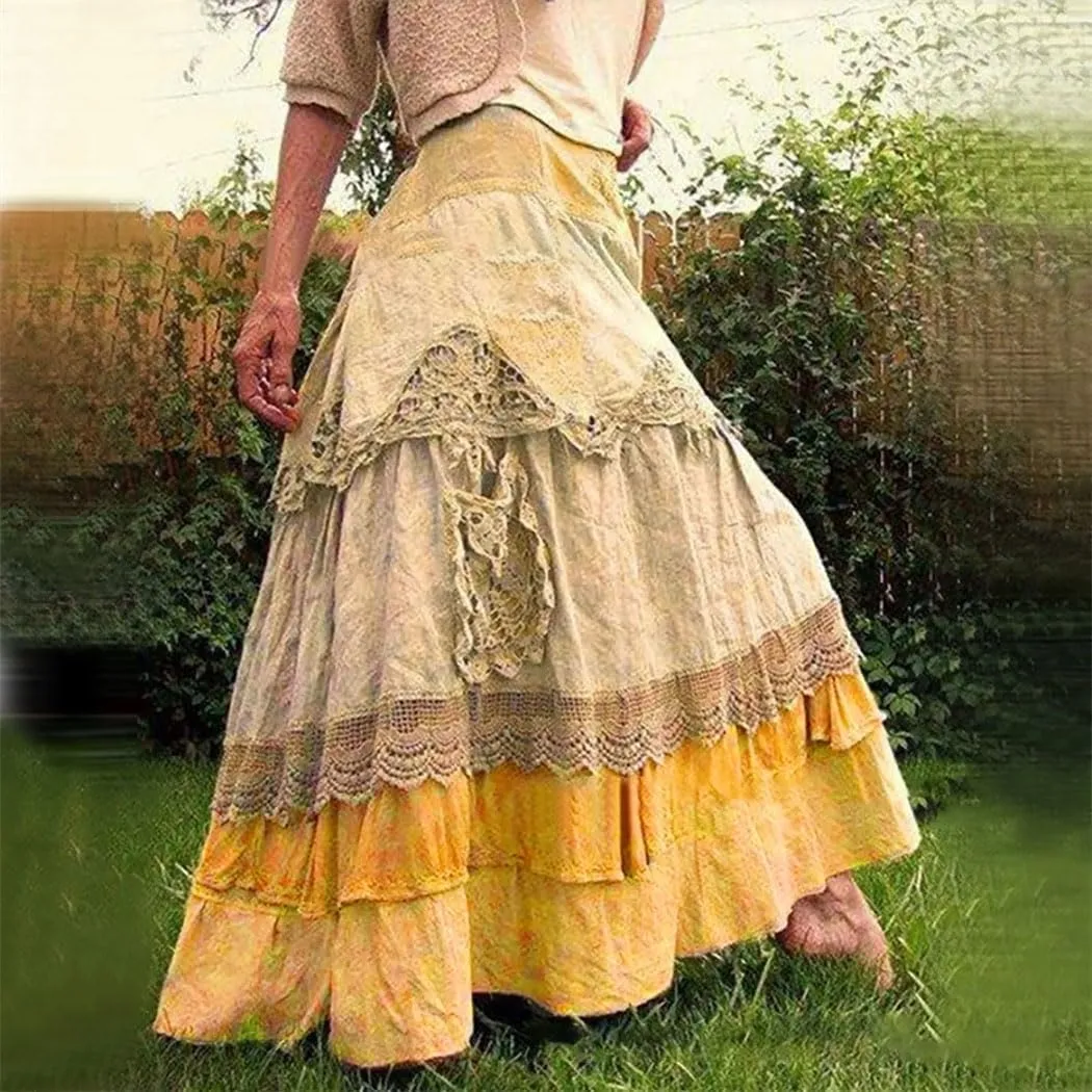 Women's Boho Tiered Maxi Dress Summer Lace Trim Long Dress,Casual Loose Fit