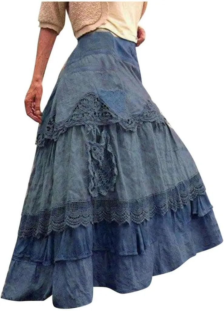 Women's Boho Tiered Maxi Dress Summer Lace Trim Long Dress,Casual Loose Fit