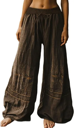Women's Boho Wide Leg Palazzo Pants Womens Cotton Linen Vintage Art Printed Casual Loose Pant Comfy Workout Trousers