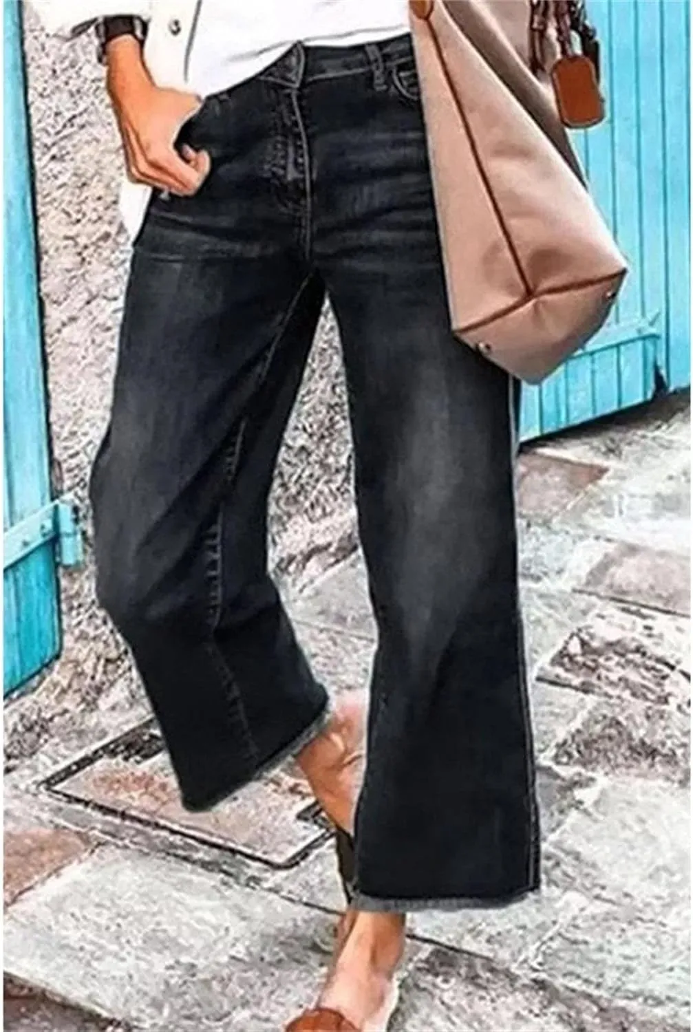 Women's Capri Jeans High Waisted Skinny Stretchy Ladies Jeans Trendy Pants Straight Leg Raw Hem Denim
