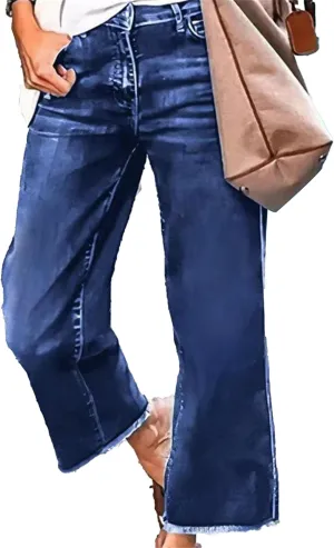 Women's Capri Jeans High Waisted Skinny Stretchy Ladies Jeans Trendy Pants Straight Leg Raw Hem Denim