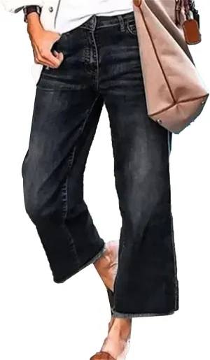 Women's Capri Jeans High Waisted Skinny Stretchy Ladies Jeans Trendy Pants Straight Leg Raw Hem Denim