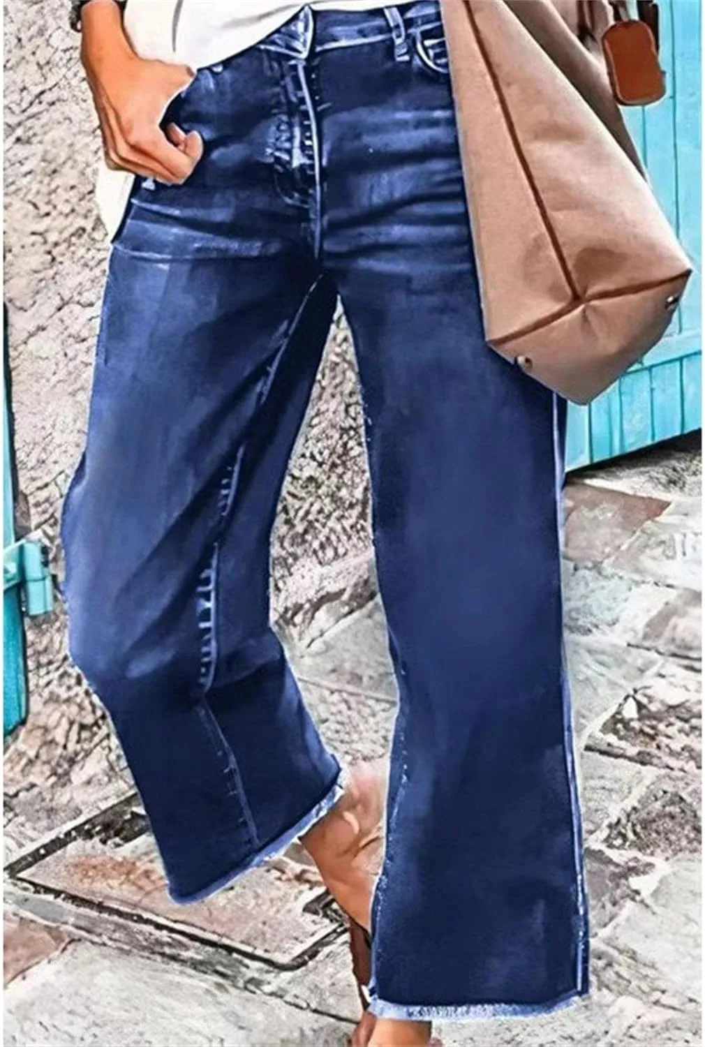 Women's Capri Jeans High Waisted Skinny Stretchy Ladies Jeans Trendy Pants Straight Leg Raw Hem Denim