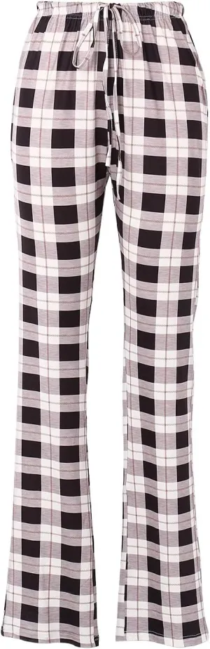 Womens Casual Pants Straight Leg Drawstring Plaid Print Elastic High Waist Loose Comfy Trousers Loungewear