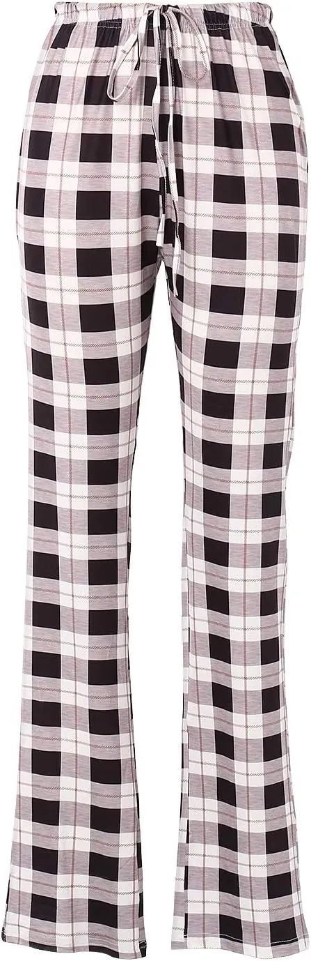 Womens Casual Pants Straight Leg Drawstring Plaid Print Elastic High Waist Loose Comfy Trousers Loungewear