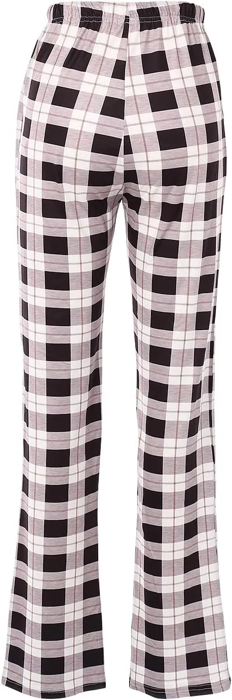 Womens Casual Pants Straight Leg Drawstring Plaid Print Elastic High Waist Loose Comfy Trousers Loungewear