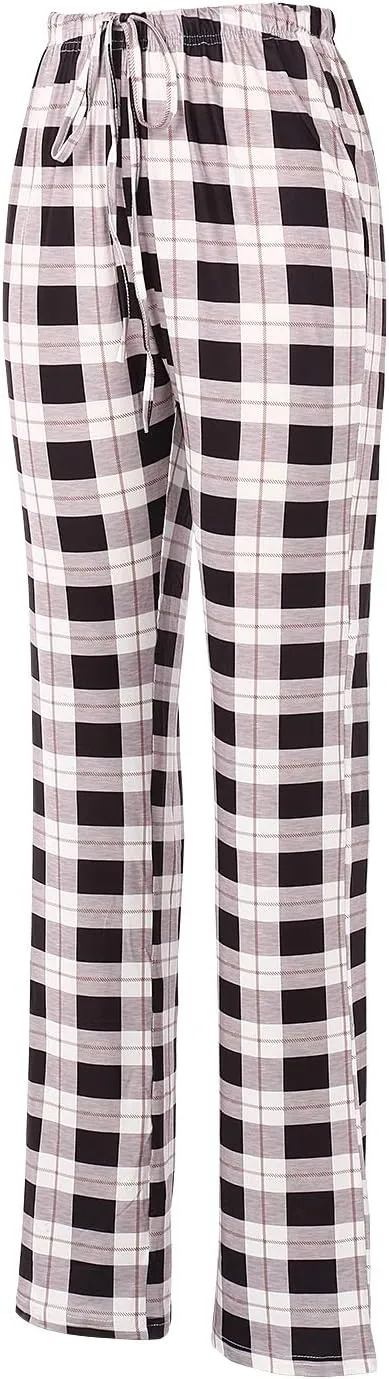 Womens Casual Pants Straight Leg Drawstring Plaid Print Elastic High Waist Loose Comfy Trousers Loungewear