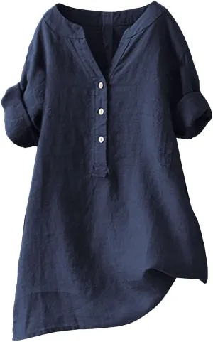 Womens Collared Button Down Shirt V Neck Short Sleeve Linen Summer Casual Work Blouse Top Loose Fit Tee Top