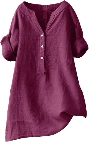 Womens Collared Button Down Shirt V Neck Short Sleeve Linen Summer Casual Work Blouse Top Loose Fit Tee Top