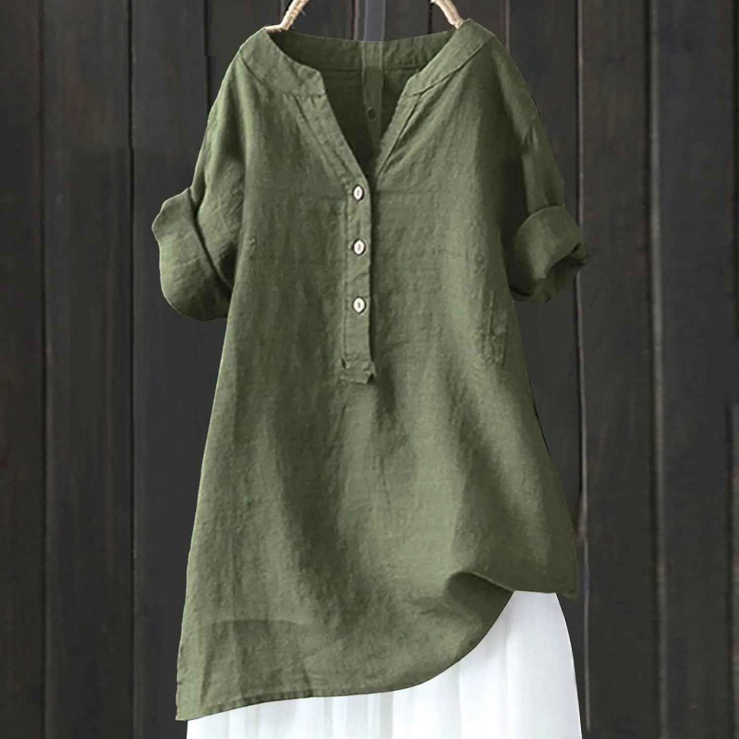 Womens Collared Button Down Shirt V Neck Short Sleeve Linen Summer Casual Work Blouse Top Loose Fit Tee Top