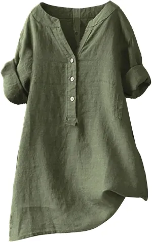 Womens Collared Button Down Shirt V Neck Short Sleeve Linen Summer Casual Work Blouse Top Loose Fit Tee Top
