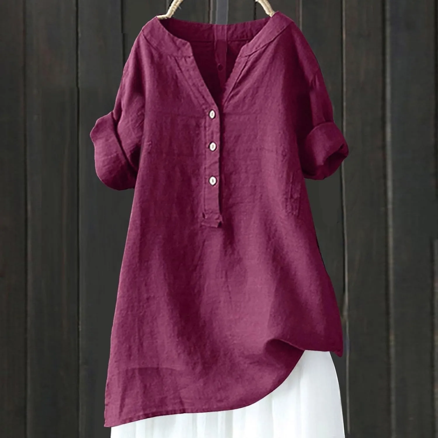 Womens Collared Button Down Shirt V Neck Short Sleeve Linen Summer Casual Work Blouse Top Loose Fit Tee Top