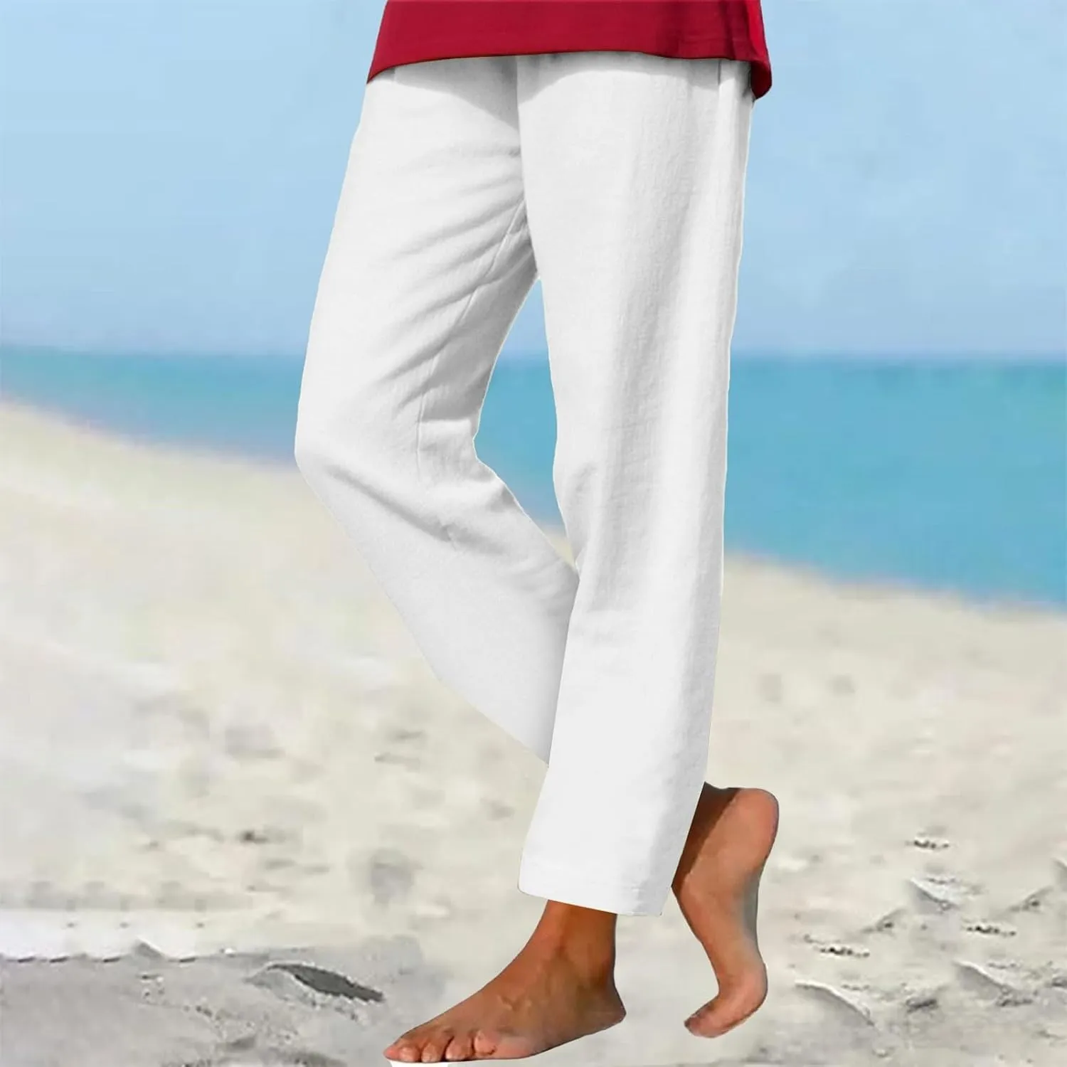 Womens Cotton Linen Straight Leg Pants Elastic Drawstring Casual Trousers with Pockets Summer Beach Loose Lounge Pant