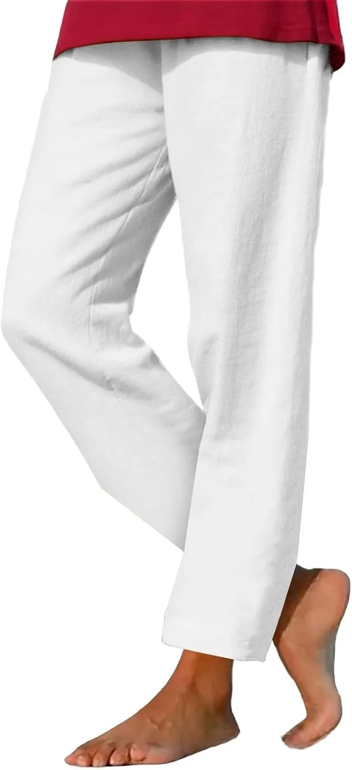Womens Cotton Linen Straight Leg Pants Elastic Drawstring Casual Trousers with Pockets Summer Beach Loose Lounge Pant