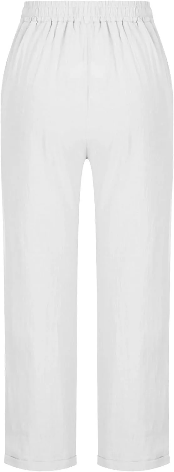 Womens Cotton Linen Straight Leg Pants Elastic Drawstring Casual Trousers with Pockets Summer Beach Loose Lounge Pant