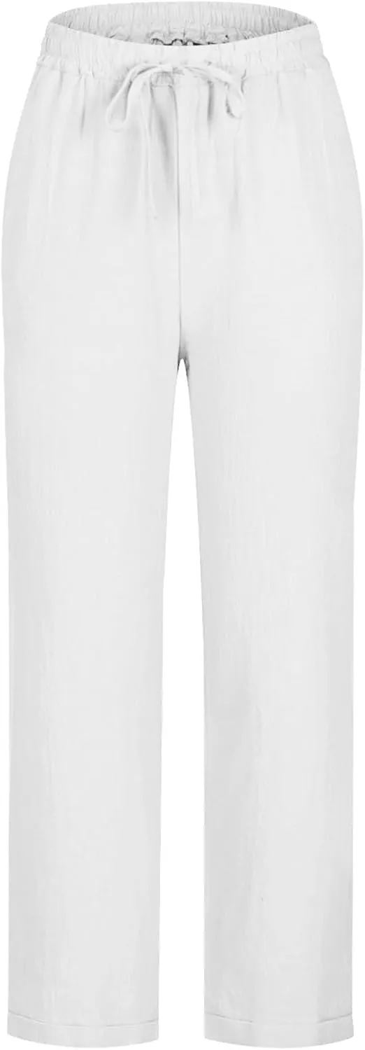 Womens Cotton Linen Straight Leg Pants Elastic Drawstring Casual Trousers with Pockets Summer Beach Loose Lounge Pant