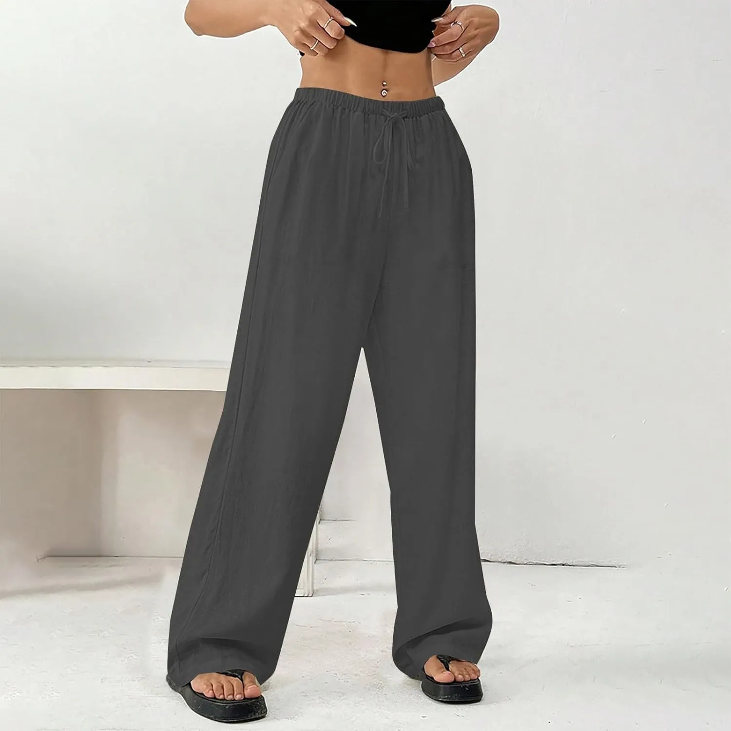 Women's Cotton Linen Straight Leg Pants Elastic Drawstring Lightweight Trousers with Pockets Summer Beach Lounge Pant
