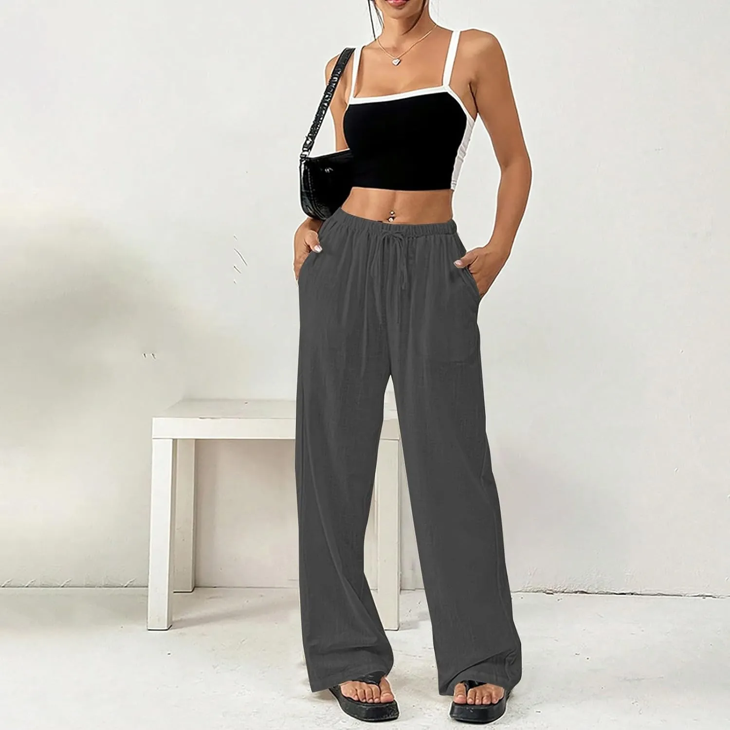 Women's Cotton Linen Straight Leg Pants Elastic Drawstring Lightweight Trousers with Pockets Summer Beach Lounge Pant