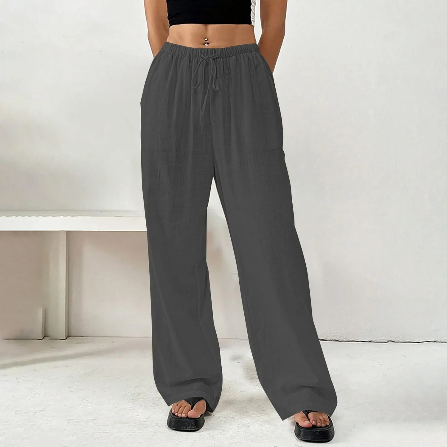 Women's Cotton Linen Straight Leg Pants Elastic Drawstring Lightweight Trousers with Pockets Summer Beach Lounge Pant