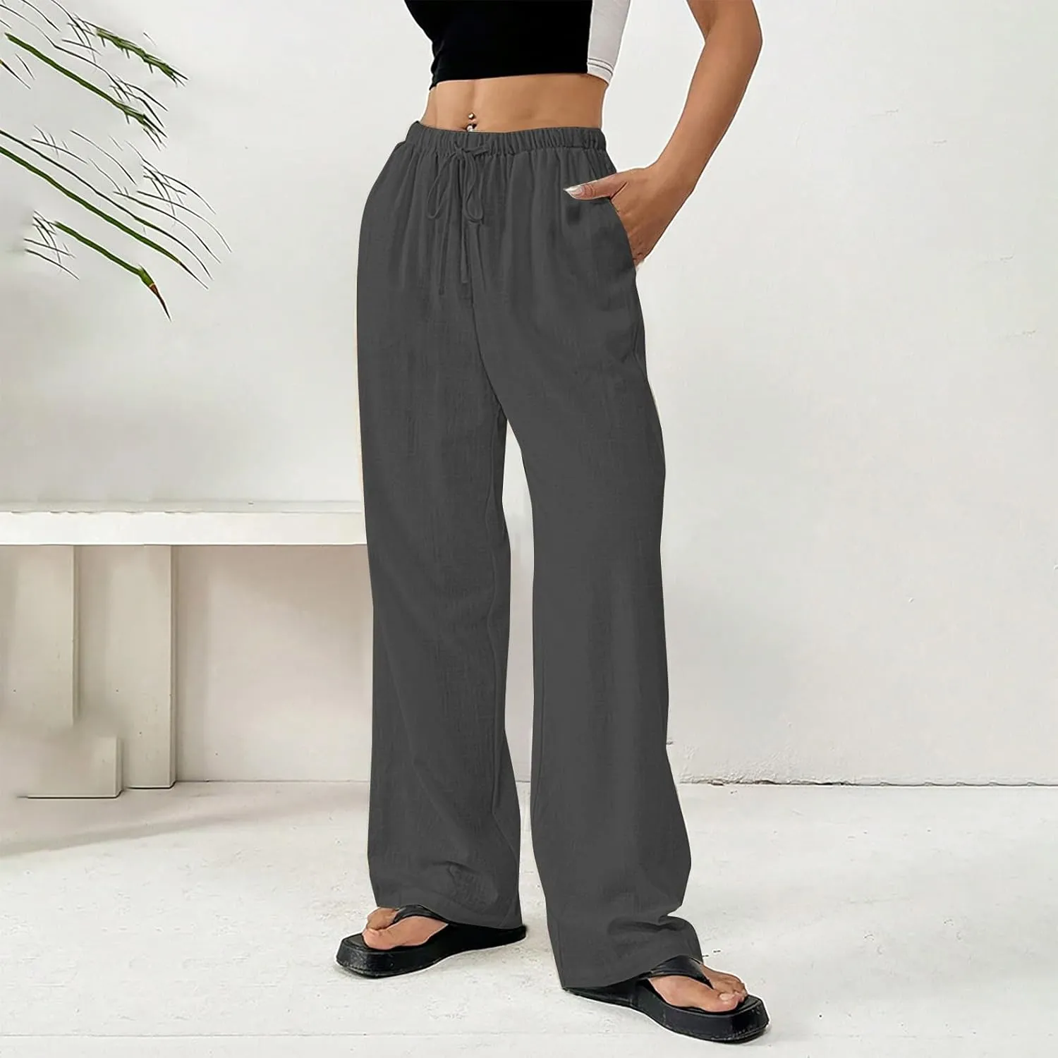 Women's Cotton Linen Straight Leg Pants Elastic Drawstring Lightweight Trousers with Pockets Summer Beach Lounge Pant