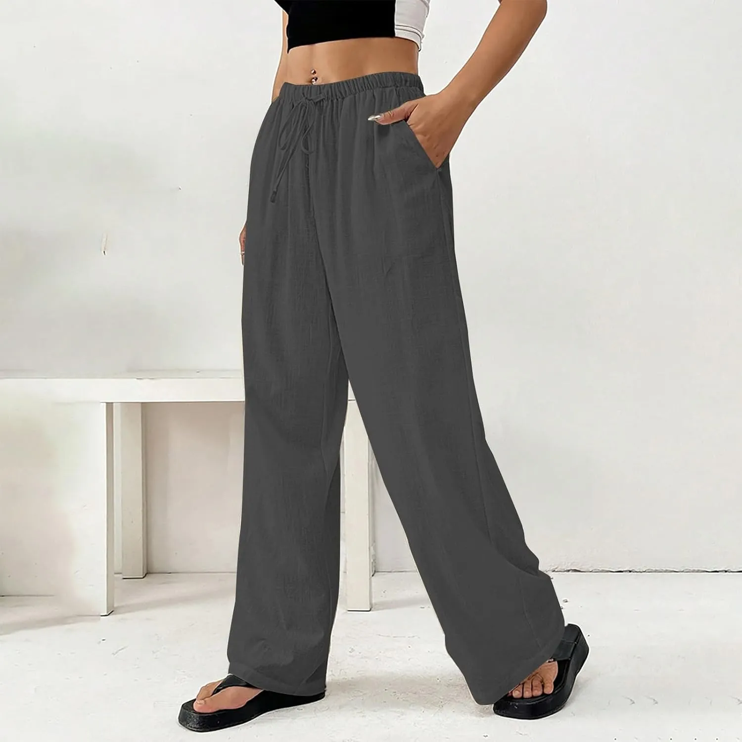 Women's Cotton Linen Straight Leg Pants Elastic Drawstring Lightweight Trousers with Pockets Summer Beach Lounge Pant