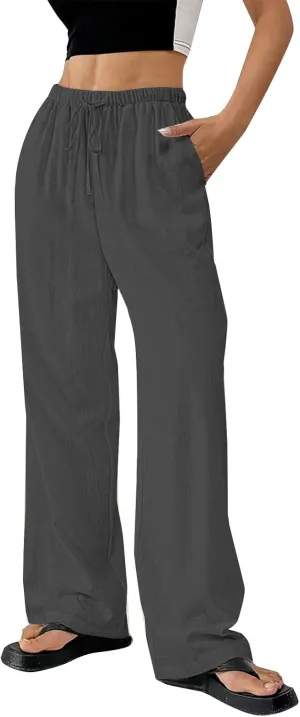 Women's Cotton Linen Straight Leg Pants Elastic Drawstring Lightweight Trousers with Pockets Summer Beach Lounge Pant