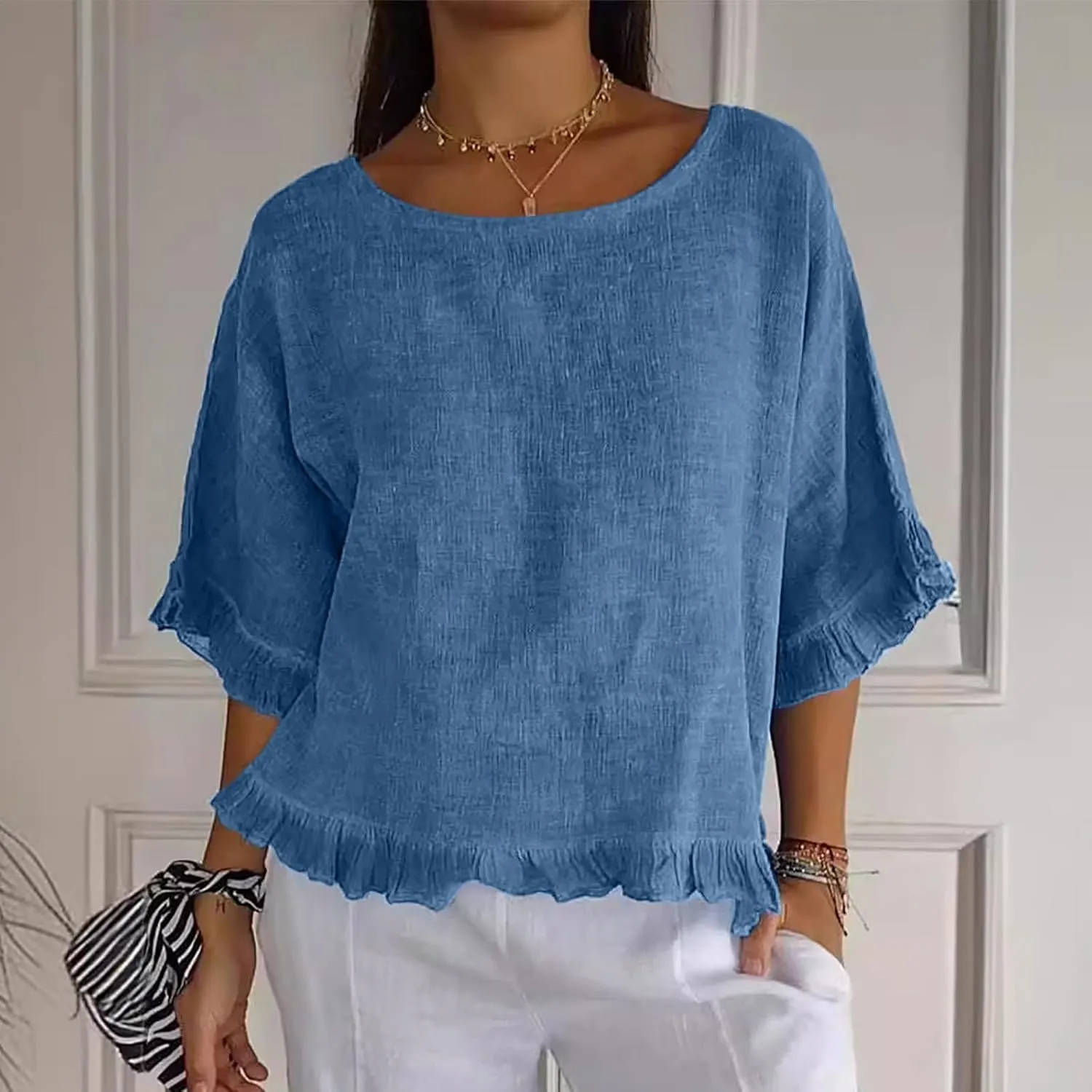 Women's Cotton Linen Tops Round Neck Ruffled Hem Sleeve Shirts Plain Loose Fit T Shirt Summer Trendy Blouse