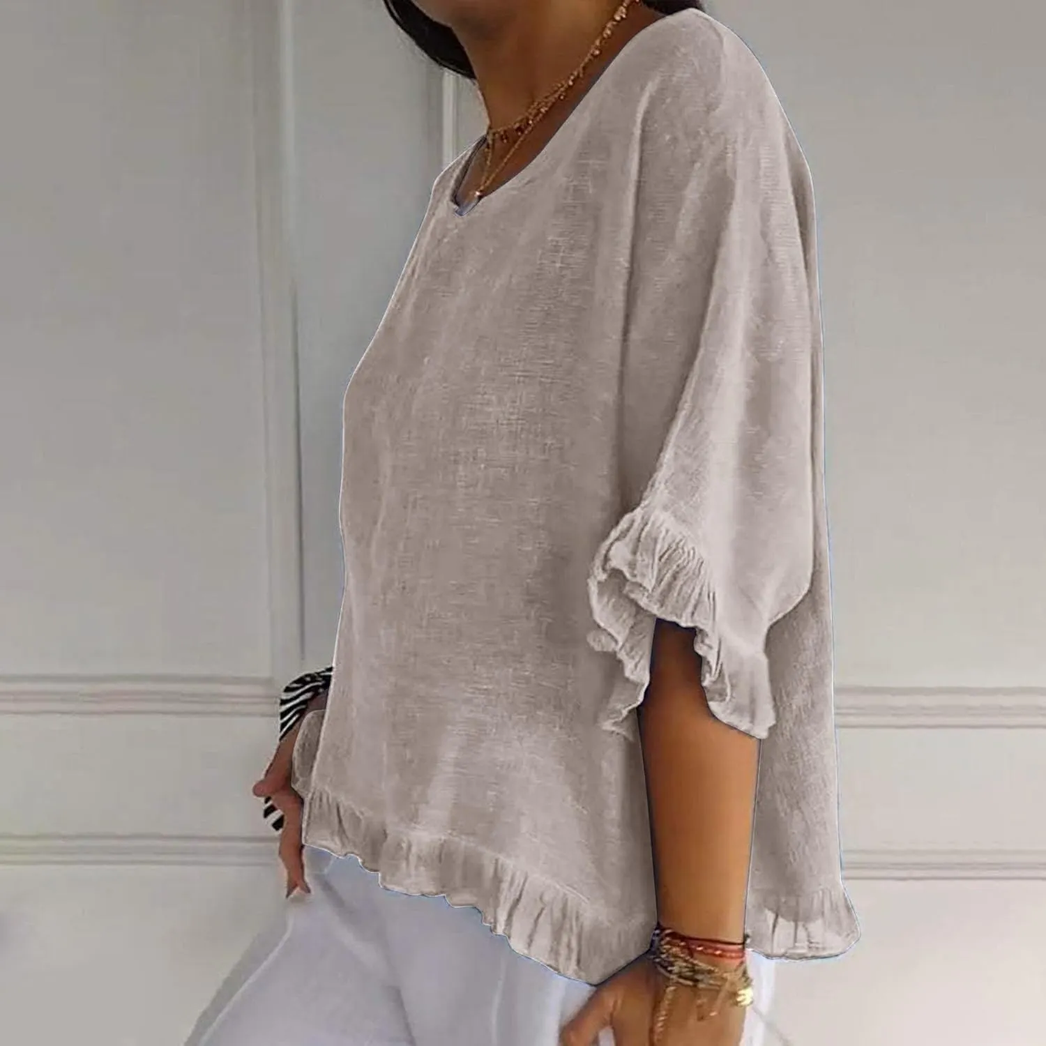 Women's Cotton Linen Tops Round Neck Ruffled Hem Sleeve Shirts Plain Loose Fit T Shirt Summer Trendy Blouse