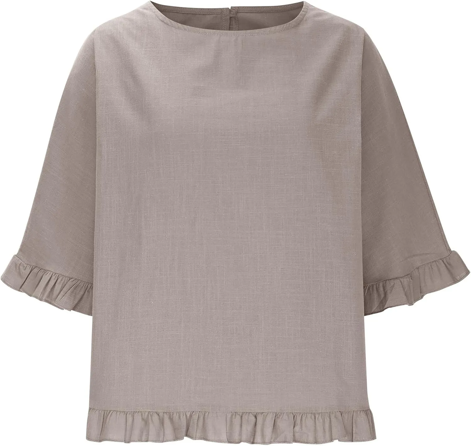 Women's Cotton Linen Tops Round Neck Ruffled Hem Sleeve Shirts Plain Loose Fit T Shirt Summer Trendy Blouse
