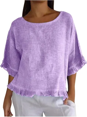 Women's Cotton Linen Tops Round Neck Ruffled Hem Sleeve Shirts Plain Loose Fit T Shirt Summer Trendy Blouse