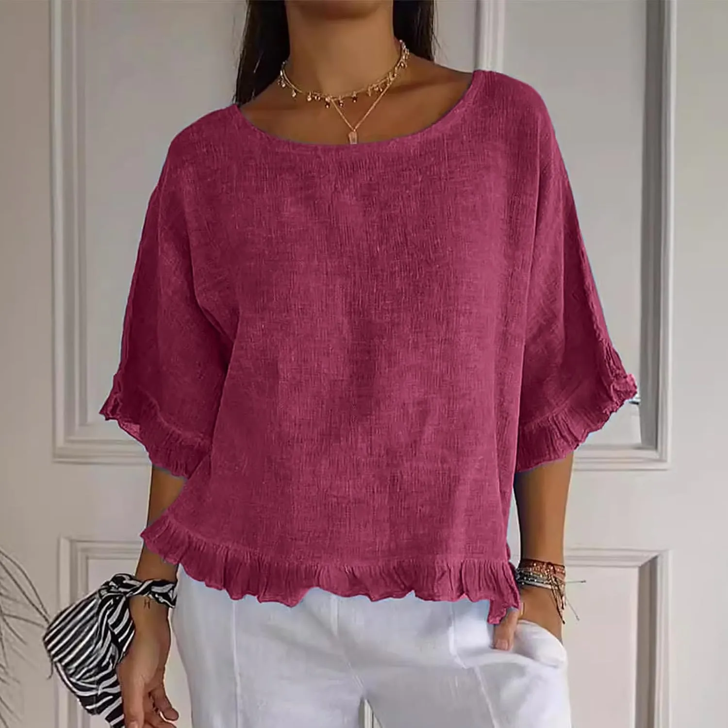 Women's Cotton Linen Tops Round Neck Ruffled Hem Sleeve Shirts Plain Loose Fit T Shirt Summer Trendy Blouse