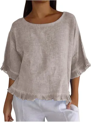 Women's Cotton Linen Tops Round Neck Ruffled Hem Sleeve Shirts Plain Loose Fit T Shirt Summer Trendy Blouse