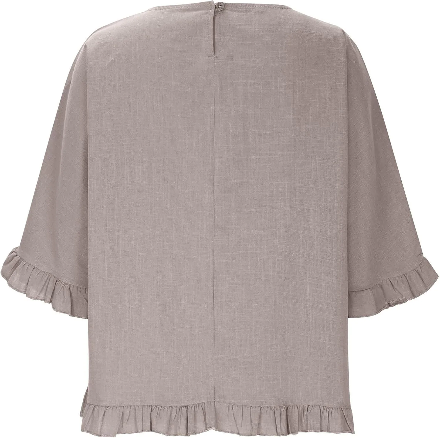 Women's Cotton Linen Tops Round Neck Ruffled Hem Sleeve Shirts Plain Loose Fit T Shirt Summer Trendy Blouse